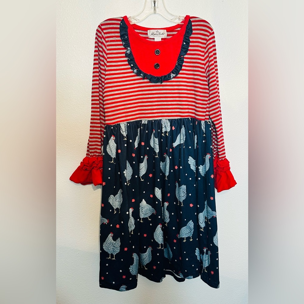 Marie Nicole Striped Chicken print Dress XXXXL Sz 8 girls EUC